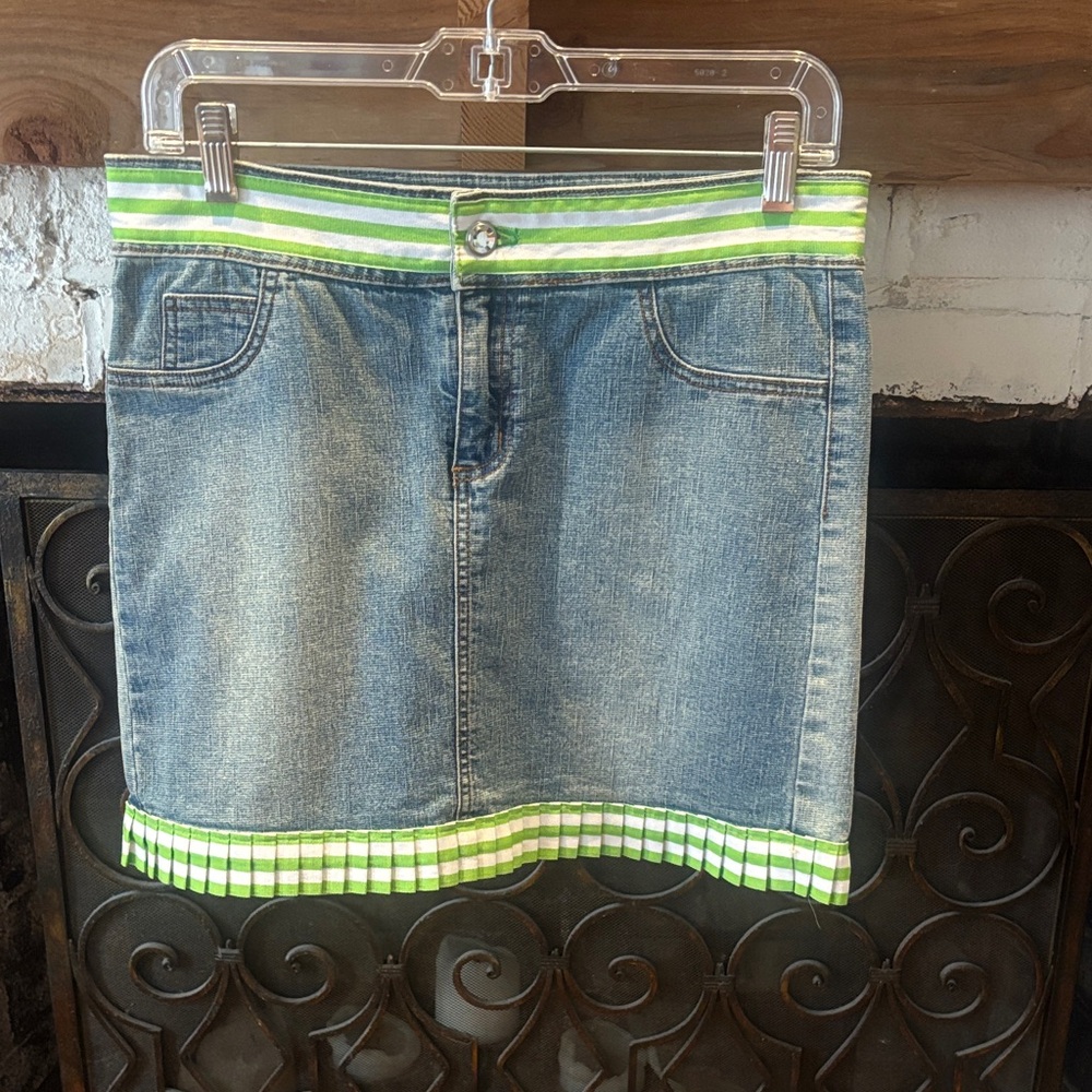 Molly B Denim Pencil Skirt with Green Stripes